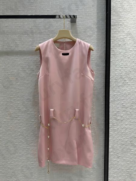 Vestido feminino de verão sem mangas com decote em bico doce rosa com cinto de pérolas elegantes vestidos soltos femininos