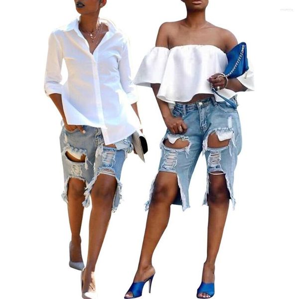 Shorts feminino verão streetwear na altura do joelho jeans feminino vintage buracos bolsos rasgados jeans calças curtas casuais calças jeans mujer