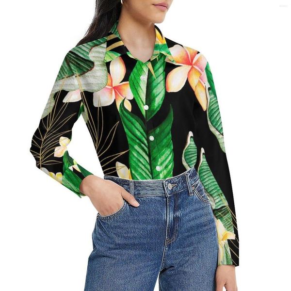 Camicette da donna Camicetta con foglie di palma della giungla Camicetta femminile con stampa di fiori di foresta tropicale Camicia divertente a maniche lunghe allentata casual Top di grandi dimensioni