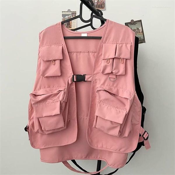 Gilet da uomo 2023 Multi-tasche Techwear Pink Cargo Vest Uomo Donna Outdoor Tactical Hip Hop Giacca senza maniche Gilet giapponese