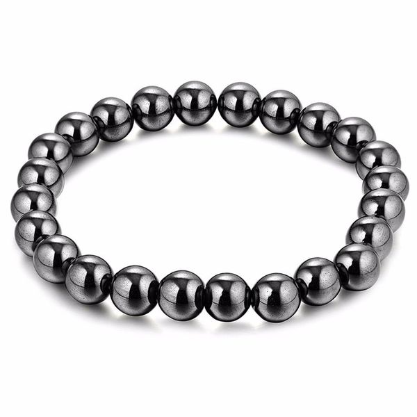 Pulseira de terapia magnética com contas de bola de hematita preta 8 mm Pulseira de pedra magnética para alívio de artrite, dor de cabeça, joias para alívio de estresse 234P