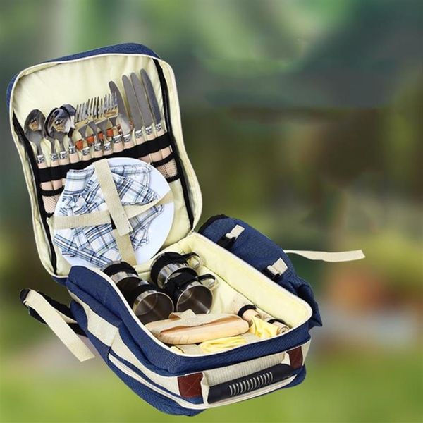 Outdoor-Taschen 4 Personen Picknick Backapck Rucksack Tragbare Camping BBQ Lunch Bag mit Geschirr Set303W