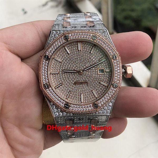 Orologio da polso Hip Hop con diamanti pieni di alta qualità da 42 mm Orologio con diamanti di ghiaccio Orologio bicolore argento oro rosa Cassa in acciaio inossidabile Orologio automatico320v