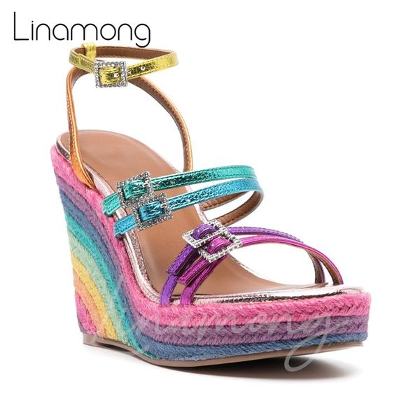 Sandali con zeppa in espadrillas con stampa arcobaleno Sandali con fibbia in vera pelle Colore misto Bling Tacchi alti Scarpe estive donna 230718