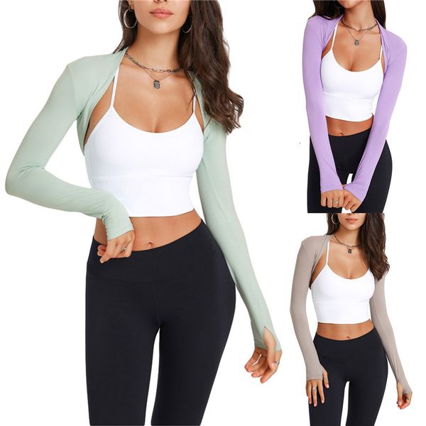 Camiseta feminina feminina manga longa bolero encolher de ombros yoga aberto frente mangas curtas para cobrir os braços tops de treino para ginástica esportiva Y2k 230720