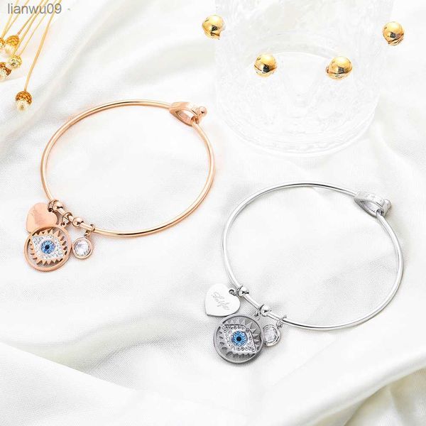 Olhos malignos Demon Zircon Heart Charms Bangles para mulheres Bangle de aço inoxidável Rose Gold Silver Color Jewelry Presente 2021 L230704