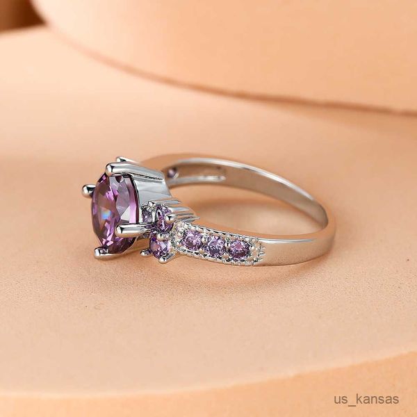 Anéis de banda delicados corte redondo anel de pedra roxa para mulheres prata temperamento ametista zircão anéis de noivado de casamento jóias românticas R230720