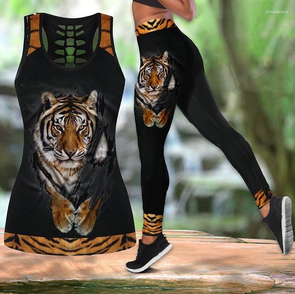 Frauen Leggings 2023 Sommer Frauen Tiger 3D Gedruckt Hohl Tank Top Und Fitness Sport Yoga Hosen Anzüge