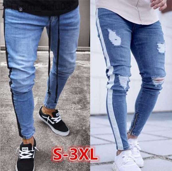 Erkek kot pantolon moda kot pantolon bacak fermuar çizgili bisikletçi denim kalem pantolon erkek fit uzun pantolon pantolon ince sıkıntılı sokak kıyafetleri kot pantolon z230720