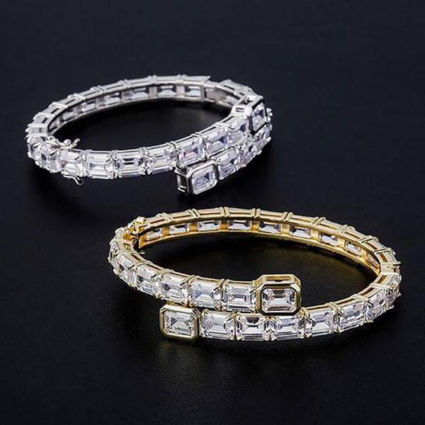 14K Gelbgold Herren Damen Quadrat Diamant Armreif 6MM Iced Out Zirkonia Tennis Armband Hiphop Jewelry213G