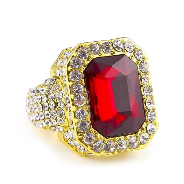 Anéis masculinos hip-hop cheios de diamantes micropave cristal grande vermelho preto verde azul pedra quadrada ouro prata cor anel247l