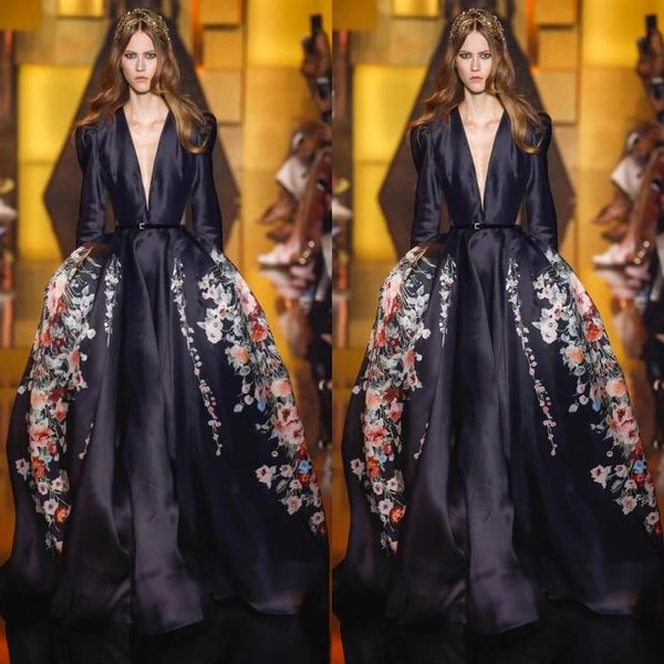 Elie Saab Black Promply Deep V Sece Long Roolves Satch Swee Train Train Вечернее платье платье для вечеринки на красном ковровом покрытии Dres178i