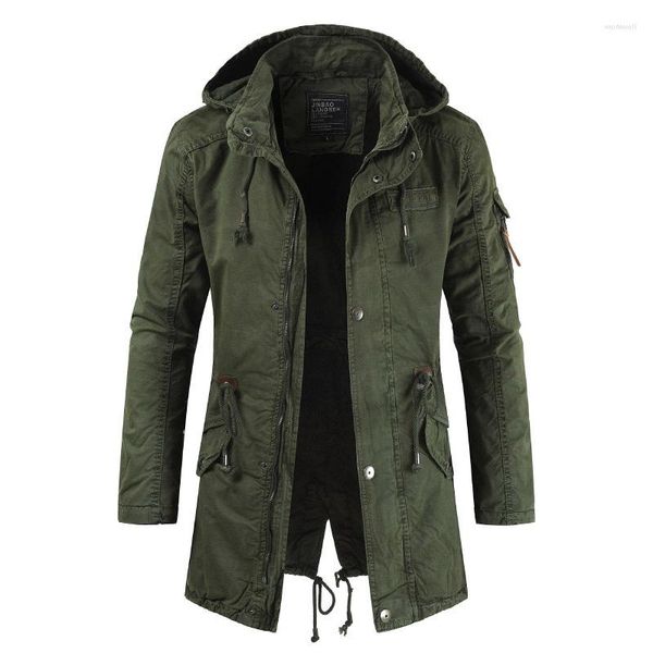 Trench da uomo Cappotto Uomo 2023 Giacca medio-lunga Collo alla coreana diviso Giacca a vento con cappuccio Moda Tinta unita Abbigliamento