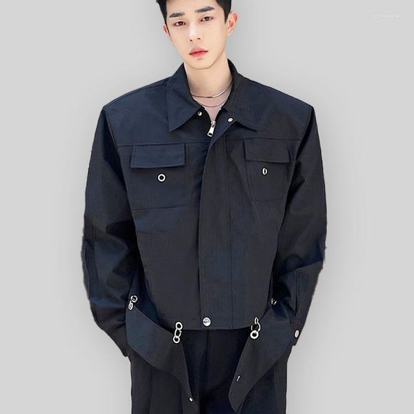 Jaquetas masculinas 2023 masculinas de cor sólida Streetwear manga longa com botões Crop Coats de metal oco para fora Moda Outerwear Jaqueta grande