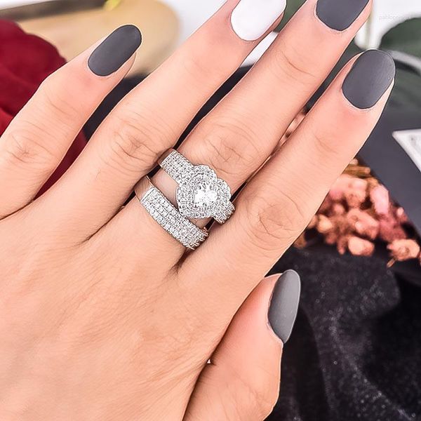 Кластерные кольца роскошные серебряные цвета обручальное кольцо набор для женщин для женщин, форма циркона вечность, дамы милые свадебные украшения