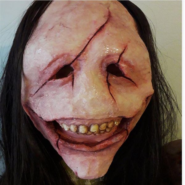 Máscara Demônio De Cabelo Comprido Halloween Horror Face Vermelha Dentes Demônio Látex306U