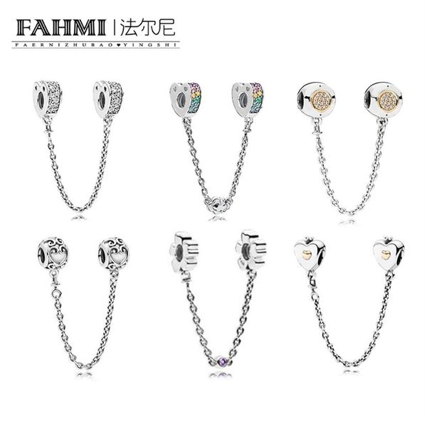 FAHMI 100% Prata Esterlina 925 11 Charm Coração Coroa Corrente de Segurança ARCOS MULTICORES DE AMOR SEGURANÇA ENCANTADA SEGURANÇA WILDFLOWER O198x