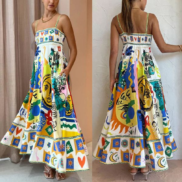 2023 Designer Australiano Fancy Womens Vestido Longo Padrão Abstrato Reunido Cintura Sem Mangas