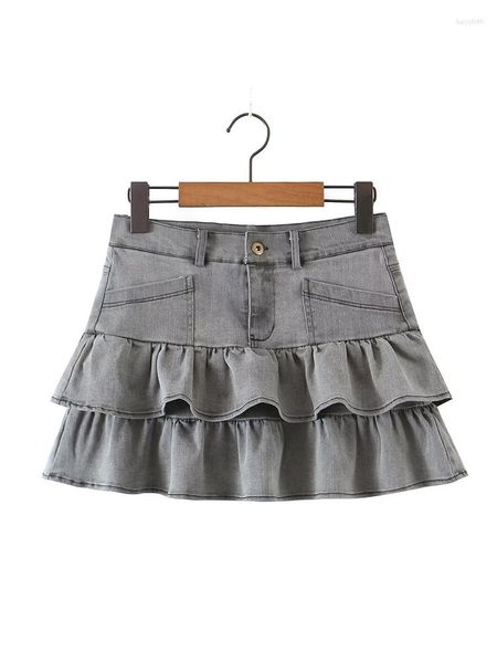 Röcke YENKYE Cool Girl Layered Rüschen Denim Rock Mode Frauen Niedrige Taille Mini Short Skater