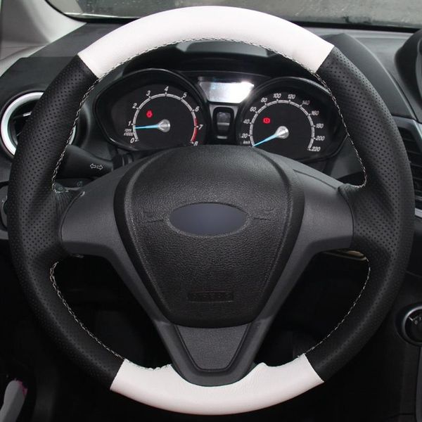 Capa de volante de carro de couro natural preto couro natural branco para Ford Fiesta 2008-2013 Ecosport 2013-2016325D