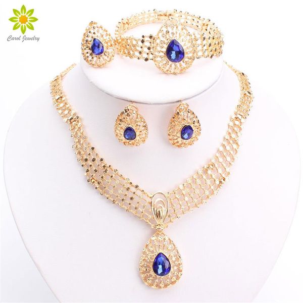 Dubai Mode Vintage Luxus Strass Braut Halskette Ohrring Armband Ring Afrikanisches Kostüm Vergoldet Schmuck Sets271l