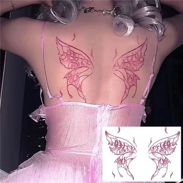 Hot Girl Wings Tattoo Sticker Temporaneo Impermeabile Sexy Pink Flame Fashion Back Body Art Tatuaggio Finto Donna Tatuajes Temporales