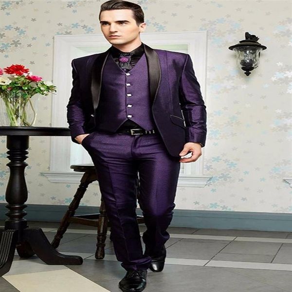 Excelente smoking para noivo roxo brilhante masculino smoking de casamento xale lapela homem jaqueta blazer moda 3 peças terno jaqueta calças colete ti236r