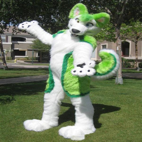 2018 fabbrica Custom Green Husky Fursuit Dog Fox Mascot Costume Animal Suit Halloween Natale Compleanno Full Body Puntelli Costum255W
