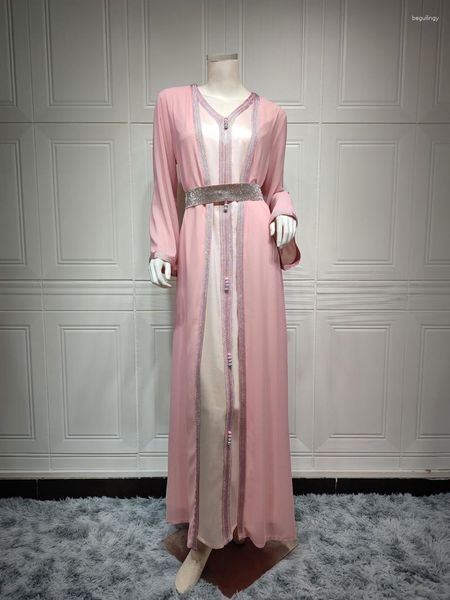 Roupa étnica Muçulmana Feminina Duas Peças Conjunto Abaya Colete de Cetim Vestido Longo Com Quimono Chiffon Eid Mubarak Caftan Marroquino Árabe Omã Dubai