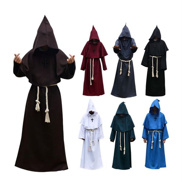 Traje medieval masculino feminino vintage renascentista monge cosplay capuz frade sacerdote manto com capuz corda manto capa roupas tamanho S-XL250u