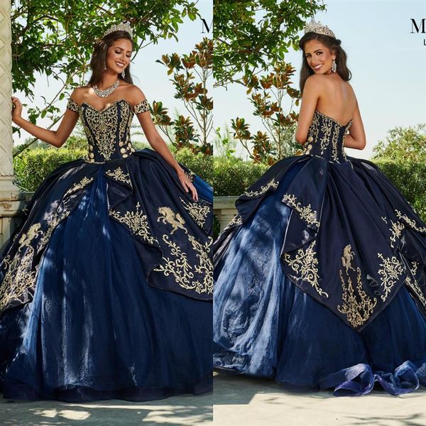 2020 Navy Quinceanera Dresses Gold Appliques Sweetheart Princesa Vestido de Baile Sweet 16 Tule Princesa Vestido de Baile Vestidos de Noite269T