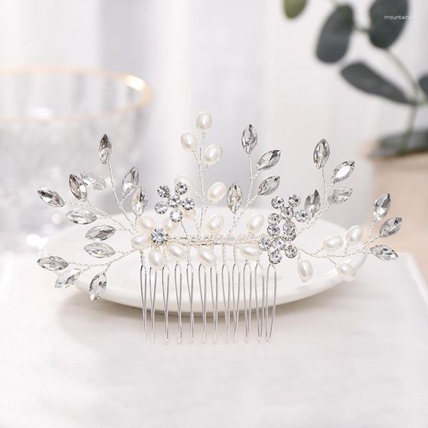 Grampos de cabelo prata/ouro cor pérola pentes nupcial mulheres casamento jóias ornamento cabeça decoração flor pente de strass