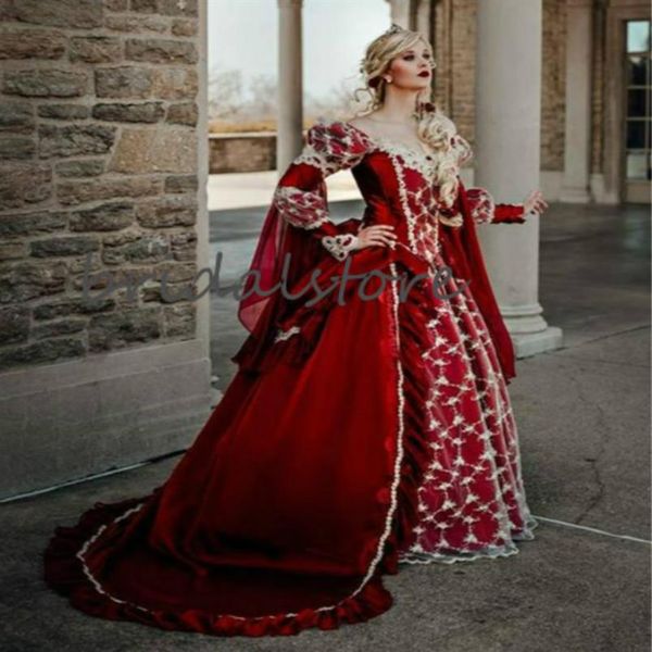 Abiti da sposa gotici della regina rossa di fantasia Halloween Giardino di campagna medievale Abito da sposa di una linea con corsetto a maniche lunghe in pizzo Brid262m