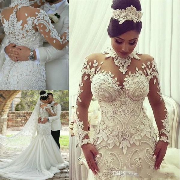 Azzaria Haute Couture Nigeria Brautkleider Meerjungfrau Langarm Stehkragen 3D-Blumenspitze Plus Size Arabische Brautkleider Fischschwanz 259w