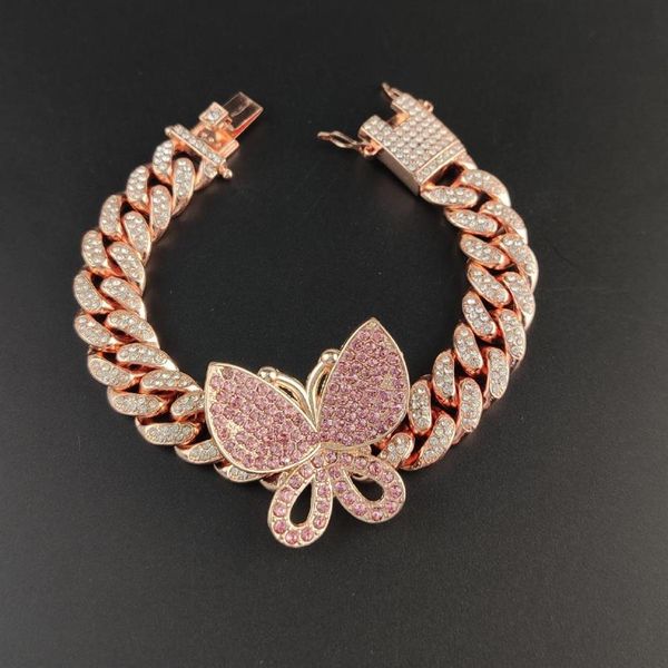 Новый дизайн мода Iced Out Bling Women Jewelry Zircon Cuban Link Chain Butterfly Charm Bracelet223s