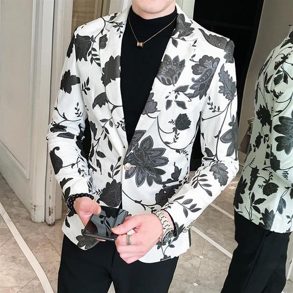 Ternos masculinos blazers 2021 floral blazer jaqueta masculina moda coreana ajuste fino um botão branco primavera streetwear tops fantasia coo2060