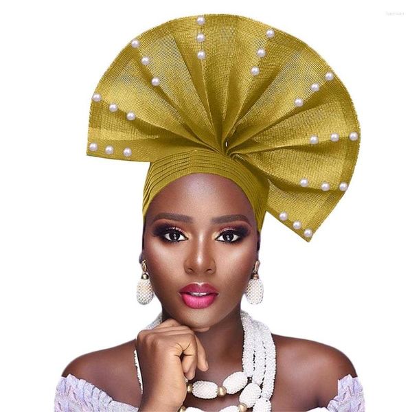 Vêtements ethniques Cravate Africaine Avec Perles Conception Forme D'éventail Gele Headwrap Mariage Traditionnel Nigérian Femmes Cap