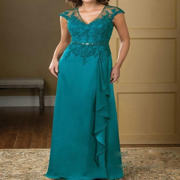 Türkisfarbene A-Linie-Abendkleider mit V-Ausschnitt, Spitzenapplikationen, Chiffon, Kleider für die Brautmutter, individuelle Mutter-Perlen, Patenkleider DH1243c