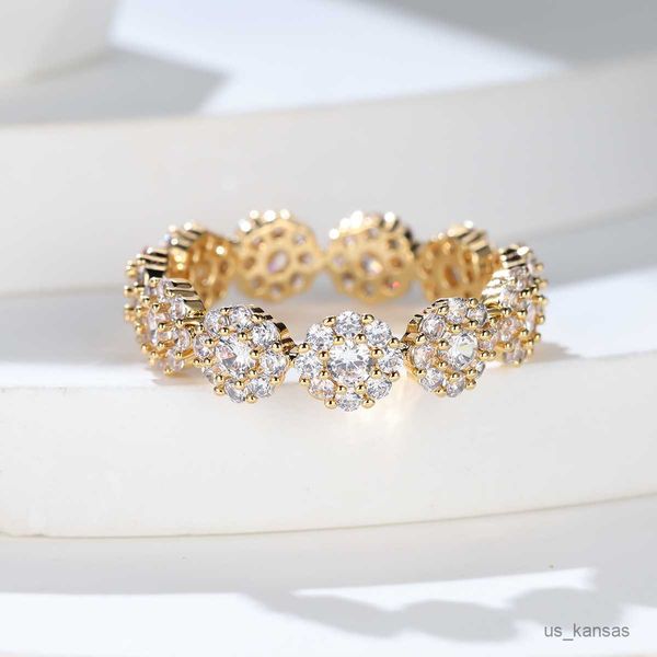 Anéis de banda delicados, banhados a ouro, anéis de pedra de zircônia branca para mulheres, lindos, em forma de flor, anéis de banda de coquetel, joias de aniversário, tamanho R230720