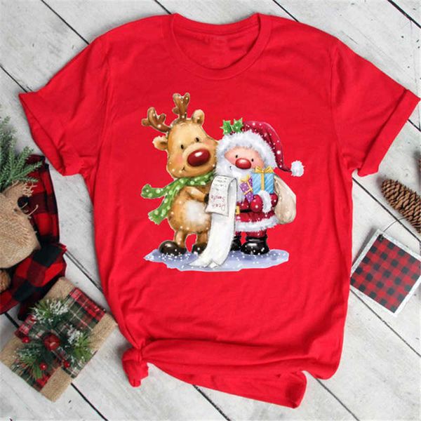 Merry Christmas Santa Bear Camiseta feminina vermelha manga curta com estampa de caminhão