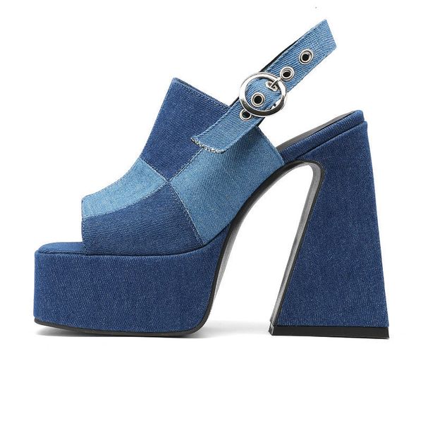 Sandali Stile europeo occidentale Jeans blu denim Scarpe estive per donna Patchwork Chunky Block Sandali con plateau e tacchi alti Sandali con cinturino 230719