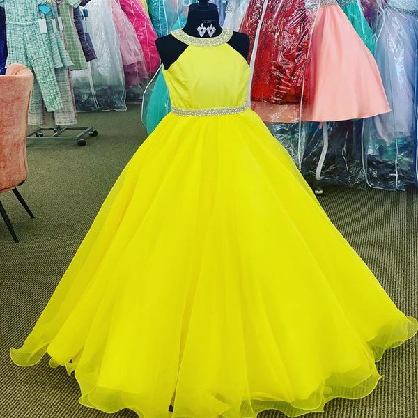 Vestidos de desfile amarelo brilhante para crianças pequenas adolescentes 2022 decote com contas ritzee roise linha A chiffon longo menina formal parte 261L