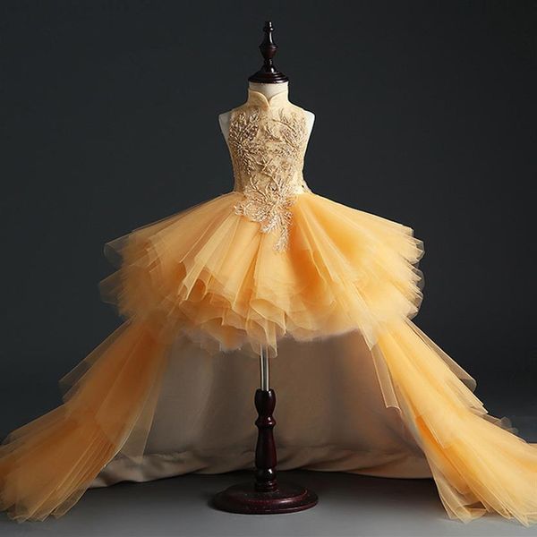 Flauschiges goldenes Tüll-Festzug-Kleid für Mädchen, Geburtstagsparty-Kleid, Hi-Lo-Pailletten, Perlen, Blumen, Mädchen-Prinzessin-Kleid für Kinder, Erstkommunion323Z