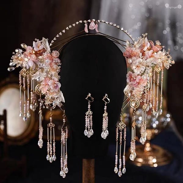 Haarspangen, süße Fee, chinesische Vintage-Hochzeit, Braut-Accessoire, traditionelle rosafarbene Blumen-Braut-Haarband-Schmuck