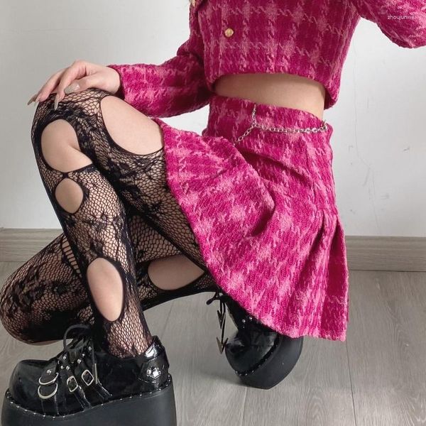 Kadın Çorap Gotik Punk Siyah Fishnet Pantyhose HARAJUKU DÜZENLİ Yırtıcı Dilen Dingi Mesh Tayt Çiçek Jakard Desen