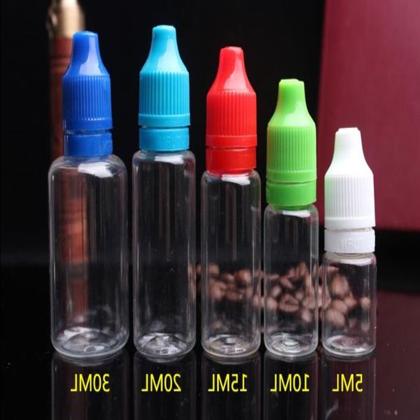 5ml 10ml 15ml 20ml 30ml PET E Garrafas vazias líquidas com tampas de adulteração à prova de crianças Ponta longa e fina para óleo de suco Grátis DHL Shipping Anair