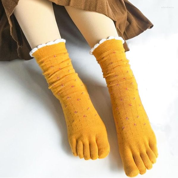 Calzini da donna 3 paia di cotone pettinato sciolto con le dita dei piedi coreano piccolo fiore punta divisa bradipo calzino a metà polpaccio in pizzo stivali a cinque dita
