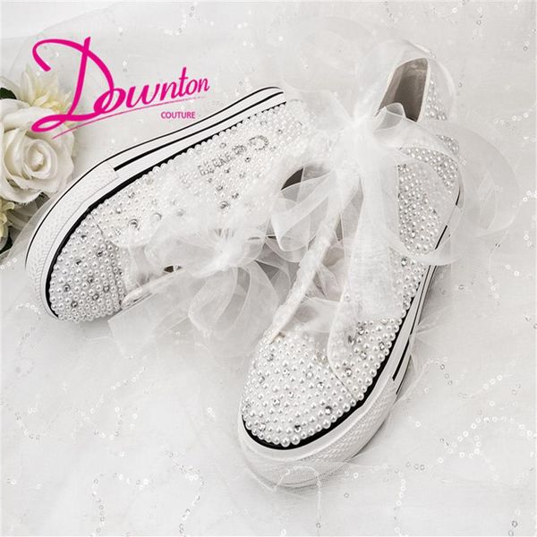 Fatti a mano Lettere personalizzate Cristalli Perle Scarpe da sposa Sneakers Piattaforma da sposa Tela scarpe da ginnastica da damigella d'onore scarpe da ginnastica taglia 34-42265s