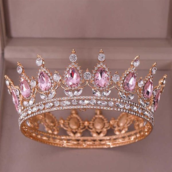 Fashion Luxury Circle Pink Crystal Queen Crowns Full Round Tiara da sposa per la festa nuziale Accessori per capelli con strass da donna X0625296z