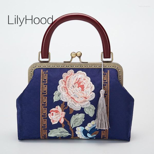 Borse da sera Fatte a mano Donna Cinese Tradizionale Ricamo floreale Raso Vintage Retro Chic Chiusura Borsa a tracolla Lady Frange Borsa elegante